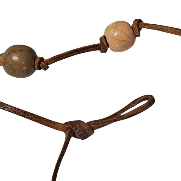 Handmade Boho Leather Beaded Necklace Multicolor Wooden Beads Earthy Jewelry - Picture 3 of 5